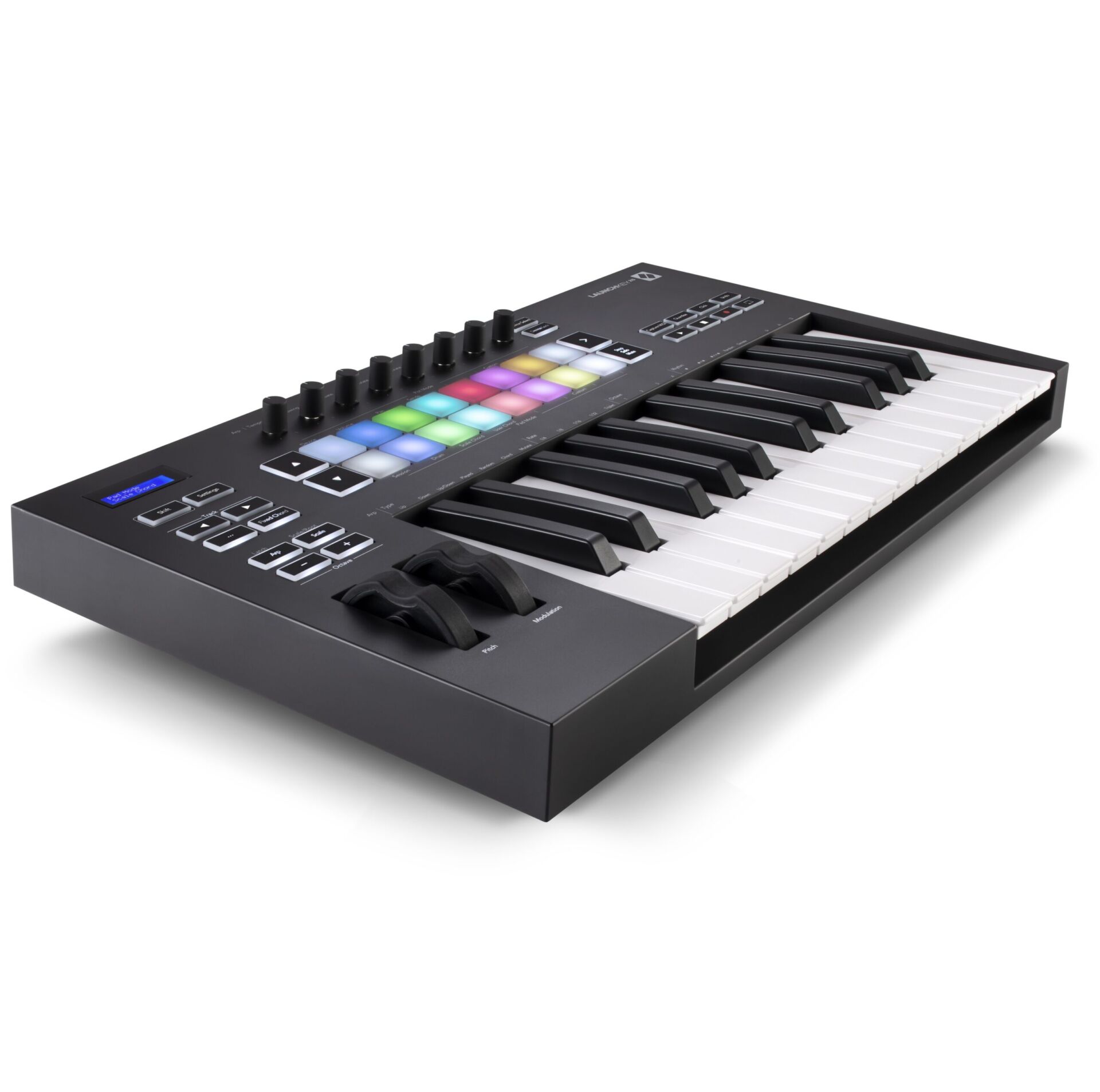 LaunchKey25_3quart-left_HR AUDIOIBIZA TECLADO MIDI NOVATION LaunchKey 25 3quart left HR scaled